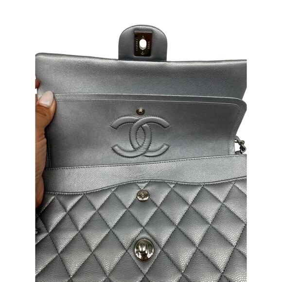 Chanel Leather Quilted Classic Double Flap CC Logo Medium Crossbody Bag Silver - Picture 12 of 16